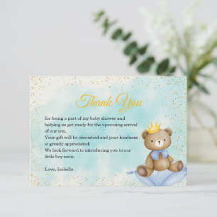 A Little Bear Prince Blue Gold Boy Baby Shower  Thank You Card