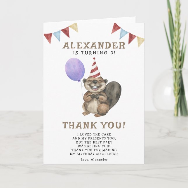 A Little Beaver 3th Birthday Party  Thank You Card (Front)