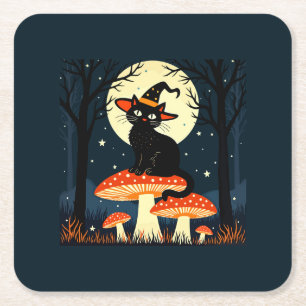 A Little Black Witchy Cat Sitting On A Toadstool 1 Square Paper Coaster