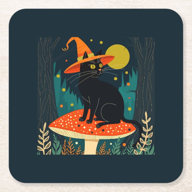 A Little Black Witchy Cat Sitting On A Toadstool 4 Square Paper Coaster (Front)