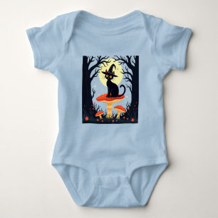 A Little Black Witchy Cat Sitting On A Toadstool Baby Bodysuit