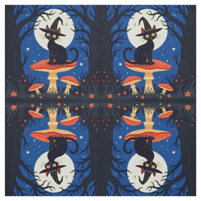  A Little Black Witchy Cat Sitting On A Toadstool  Fabric (Swatch)