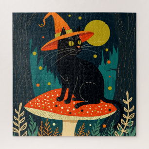 A Little Black Witchy Cat Sitting On A Toadstool Jigsaw Puzzle