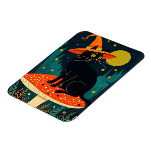 A Little Black Witchy Cat Sitting On A Toadstool Magnet