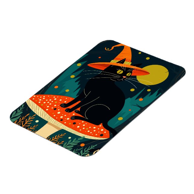  A Little Black Witchy Cat Sitting On A Toadstool  Magnet (Left Side)