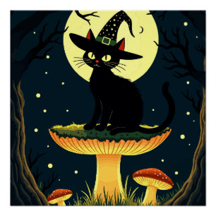 A Little Black Witchy Cat Sitting On A Toadstool Poster