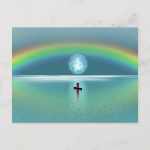 A little boat in the ocean with moon and rainbow postcard