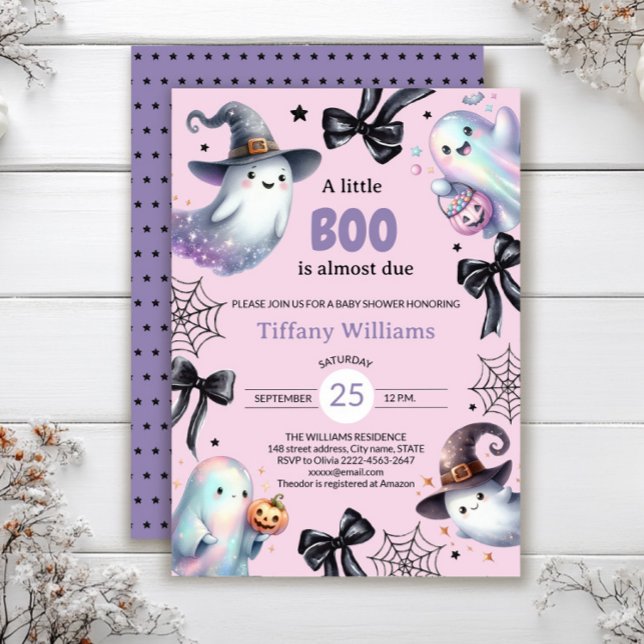A Little Boo Baby Shower Invitation | Cute Ghost (A little BOO is almost due — pastel ghost baby shower invite in pink and purple tones)