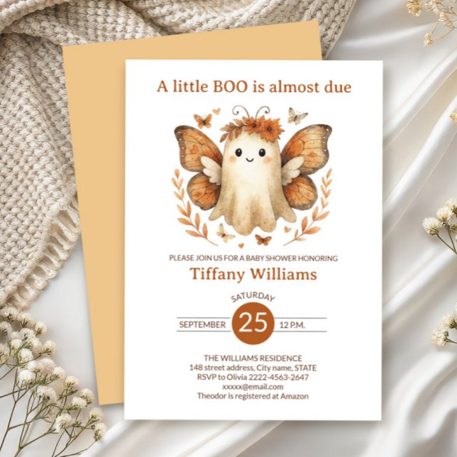 A Little Boo Fairy ghost Baby Shower Invitation (A little BOO is almost due — cute fall baby shower invitation with fairy ghost & pumpkins)