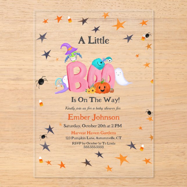 A Little Boo Ghost, Owl Halloween Baby Shower Acrylic Invitations (Front)