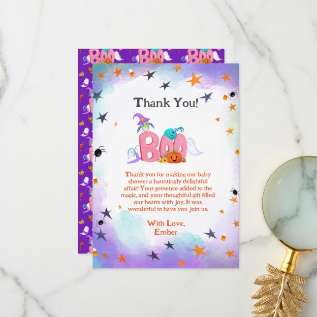 A Little Boo Ghost, Owl Halloween Baby Thank You Card (Front/Back In Situ)
