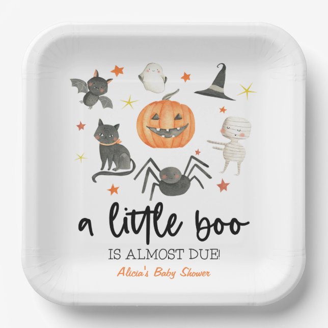 A Little Boo Is Almost Due! Baby Shower Halloween Paper Plate (Front)