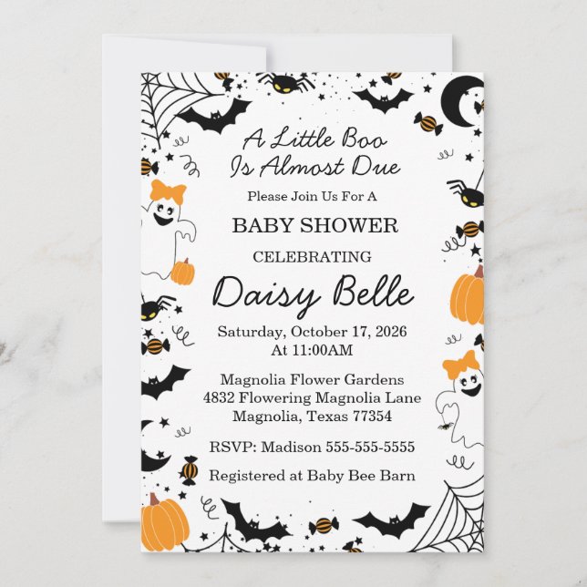 A Little Boo Is Almost Due Halloween Baby Shower Invitation (Front)