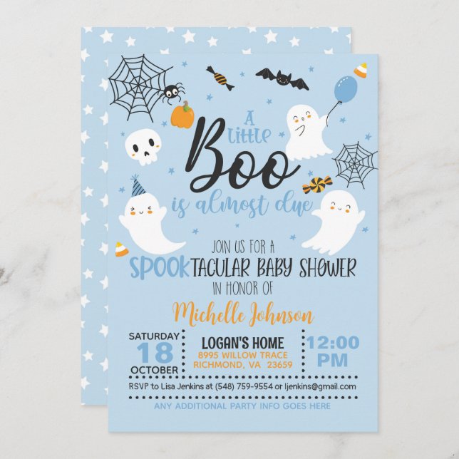 A Little Boo is Almost Due Invitation - Blue (Front/Back)