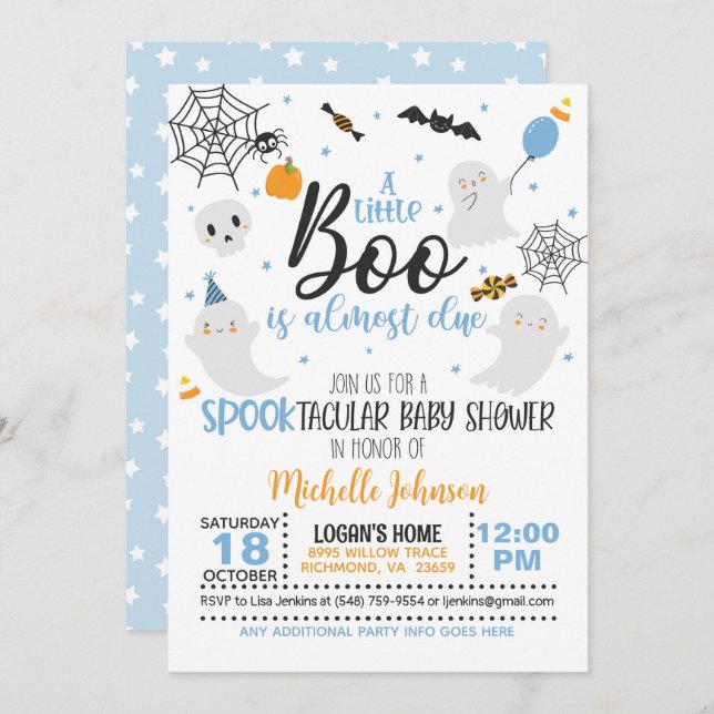 A Little Boo is Almost Due Invitation - Blue/Wh (Front/Back)