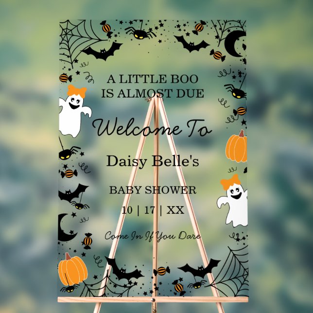 A Little Boo Is Almost Due Orange Girl Baby Shower Acrylic Sign (Neutral)