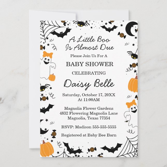 A Little Boo Is Almost Due Orange Girl Baby Shower Invitation (Front)