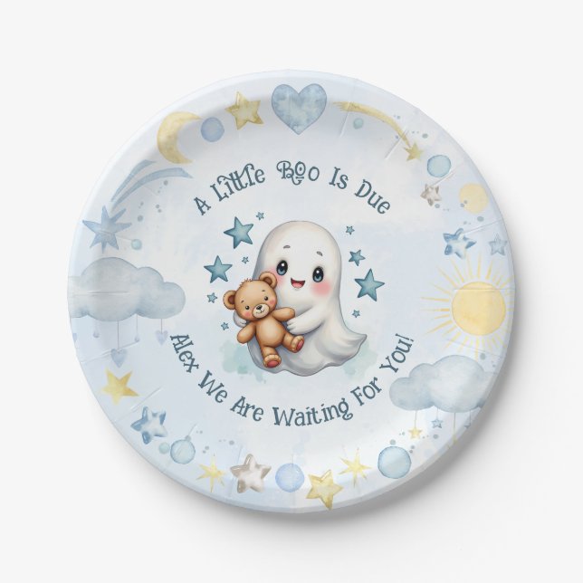 A Little Boo Is Due Adorable Baby Boy Ghost Custom Paper Plate (Front)