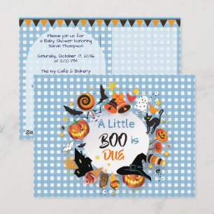 A Little Boo is Due Blue Gingham QR Baby Shower Postcard