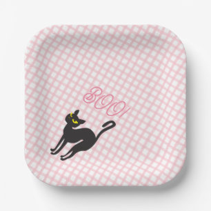 A Little Boo is Due Blush Pink Gingham Black Cat Paper Plate