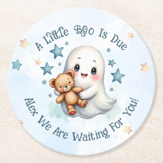 A Little Boo Is Due Cute Baby Boy Ghost Custom Round Paper Coaster