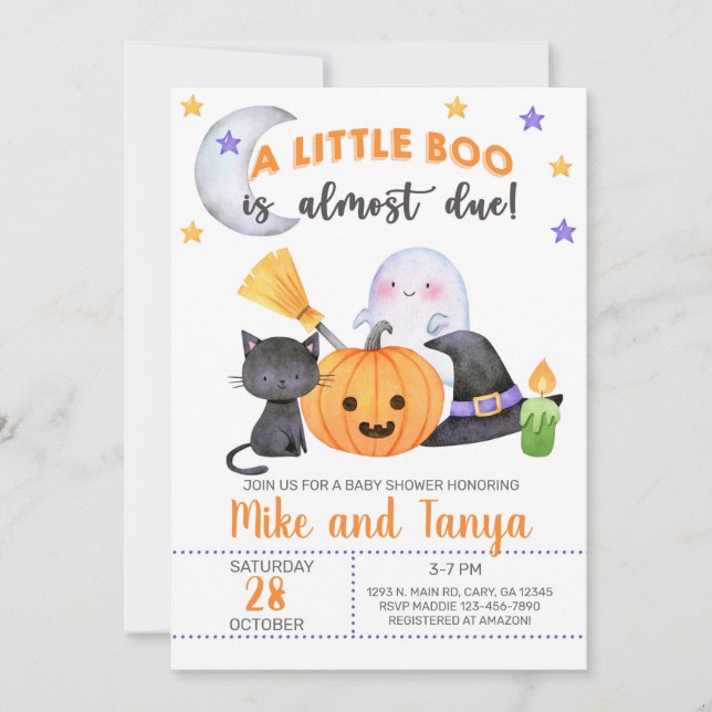 A little boo is due Halloween baby shower invite.  Invitation (Front)