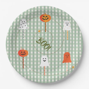 A Little Boo is Due Olive Gingham Ghost Pumpkin Paper Plate