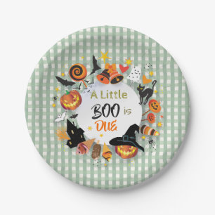 A Little Boo is Due Olive Green Gingham Halloween Paper Plate