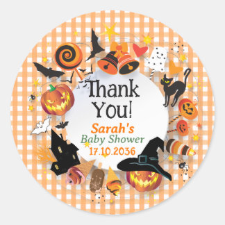 A Little Boo is Due Orange Gingham Baby Shower Classic Round Sticker