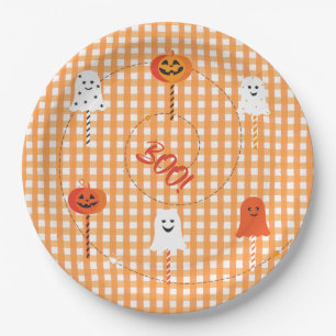 A Little Boo is Due Orange Gingham Ghost Pumpkin Paper Plate