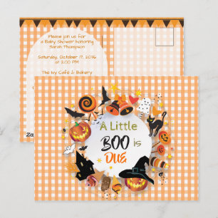 A Little Boo is Due Orange Gingham QR Baby Shower Postcard