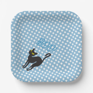 A Little Boo is Due Pale Blue Gingham Black Cat Paper Plate