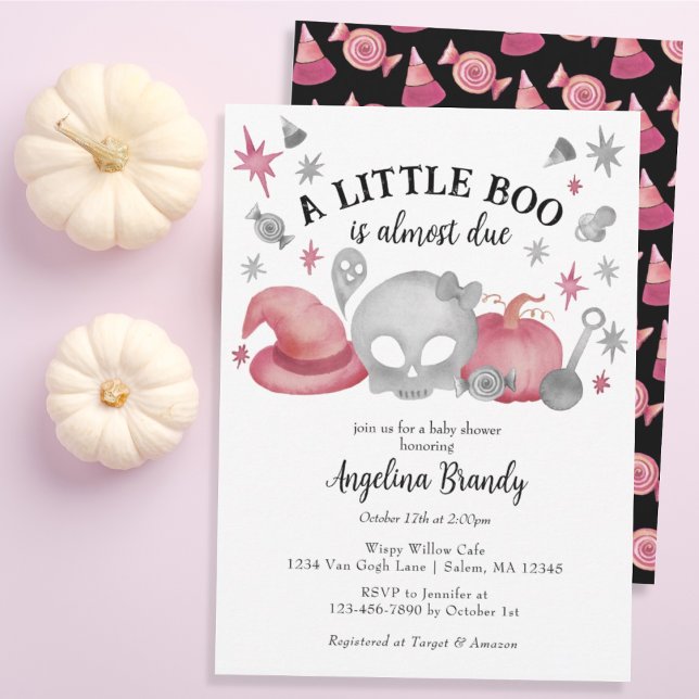 A Little Boo Pink & Grey Halloween Baby Shower Invitation (Creator Uploaded)