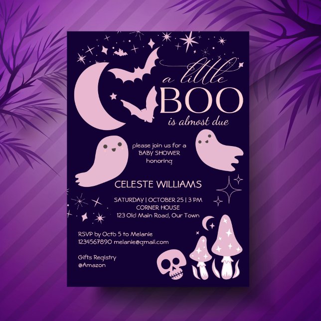 A little boo pink Halloween baby shower Invitation (A little boo pink purple celestial Halloween baby shower Invitation template instant download)