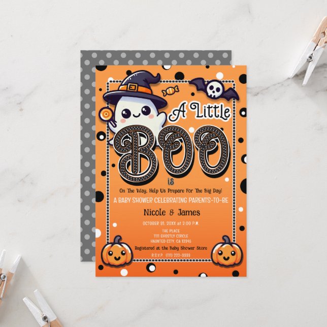 A Little Boo Polka Dots Halloween Baby Shower  Invitation (Front/Back In Situ)