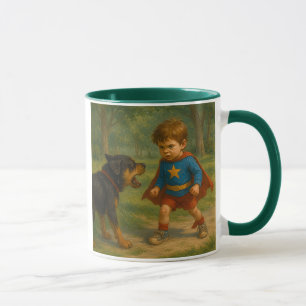 A little boy dressed up in front of a bad dog. mug