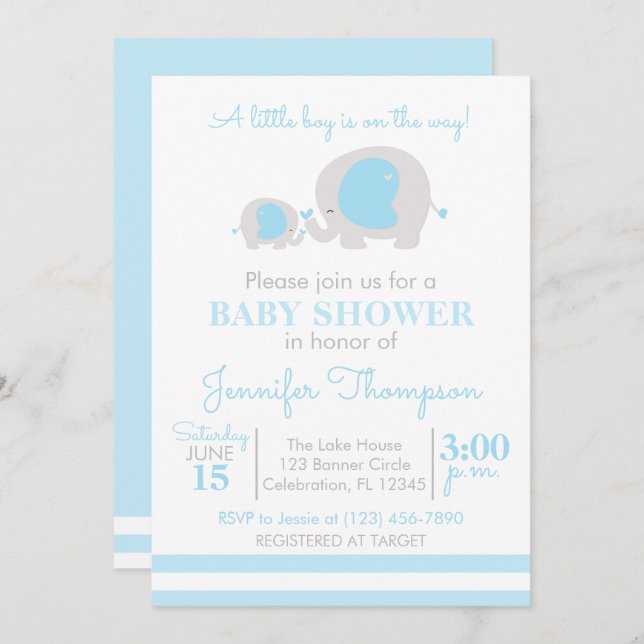 A Little Boy is on the Way – Blue & White Elephant Invitation (Front/Back)