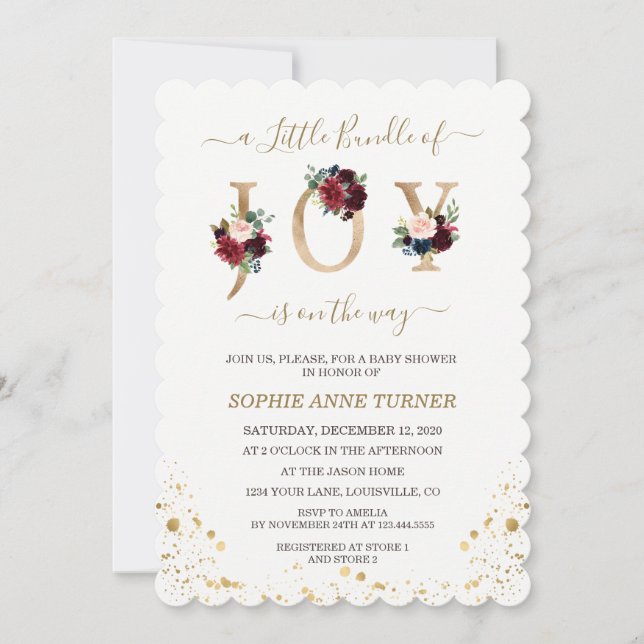 A Little Bundle Of Joy Burgundy Floral Baby Shower Invitation (Front)