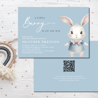 A Little Bunny Boy Dusty Blue QR Baby Shower Invitation
