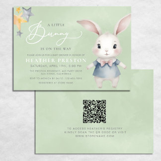 A Little Bunny Boy Sage Green QR Baby Shower Invitation