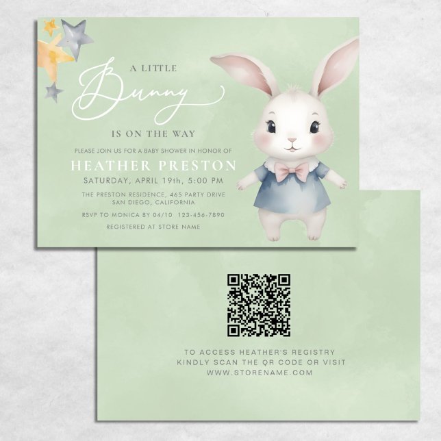 A Little Bunny Boy Sage Green QR Baby Shower Invitation (Creator Uploaded)