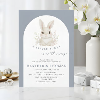 A Little Bunny Elegant Dusty Blue Baby Shower Invitation