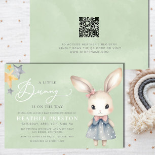 A Little Bunny Girl Sage Green QR Baby Shower Invitation