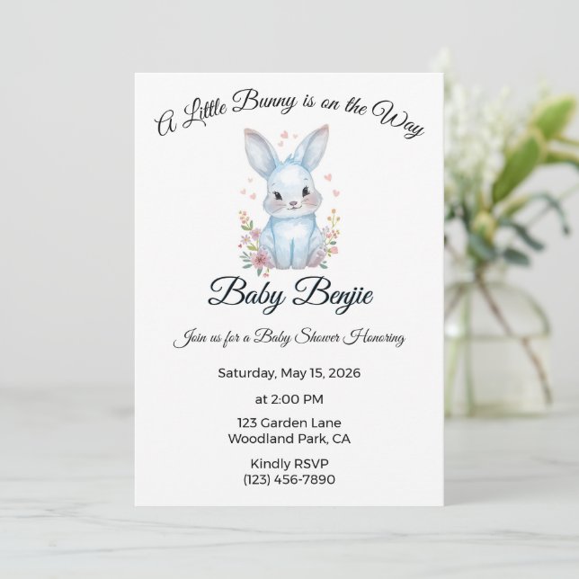 A Little Bunny is on the Way Blue Boy Baby Shower Invitation (Standing Front)