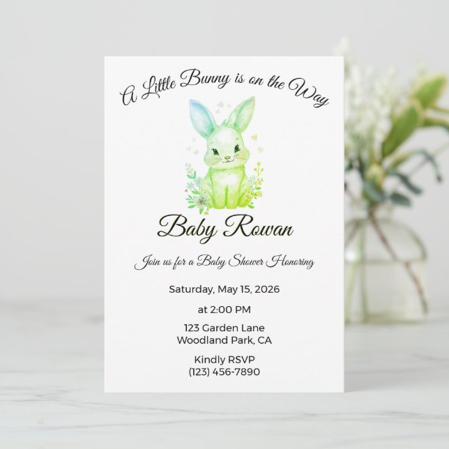 A Little Bunny is on the Way Pastel Green Shower  Invitation (Standing Front)