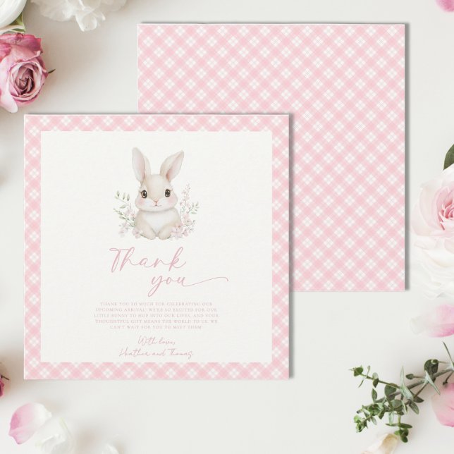 A Little Bunny Pink Gingham Baby Shower Thank You Card (Creator Uploaded)