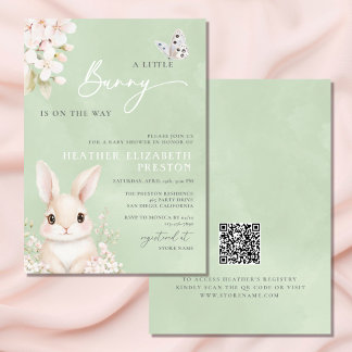 A Little Bunny Sage Green QR Baby Shower Invitation