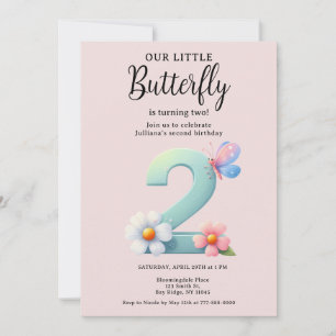 A Little Butterfly 2nd Birthday Cute Number Font  Invitation