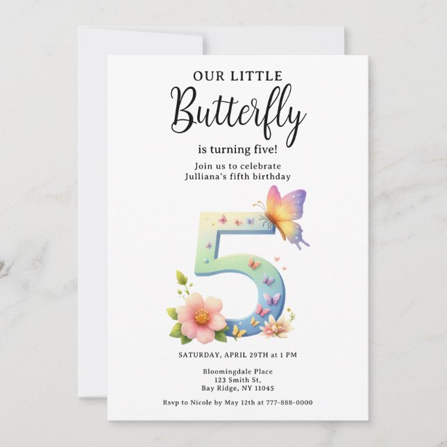 A Little Butterfly 5th Birthday Cute Number Font  Invitation (Front)