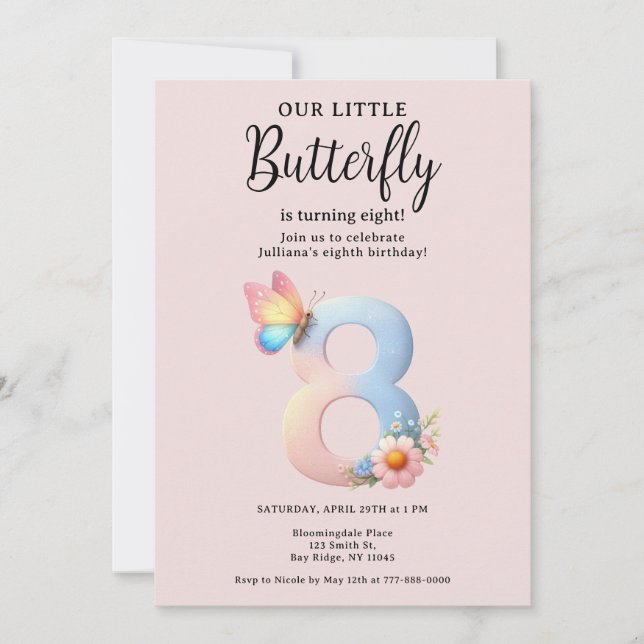 A Little Butterfly 8th Birthday Cute Number Font  Invitation (Front)